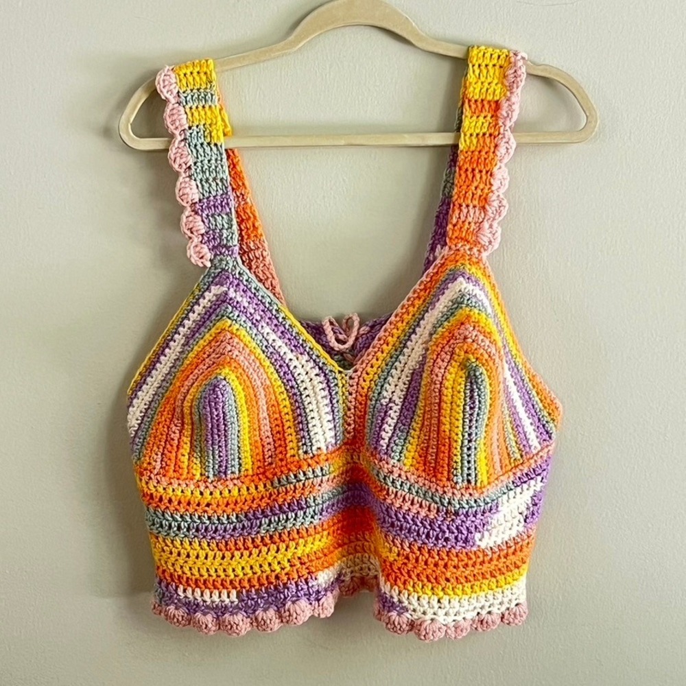 Handmade Crochet Crop Top Women XL Rainbow Striped‎ Open Back V-Neck Multicolor